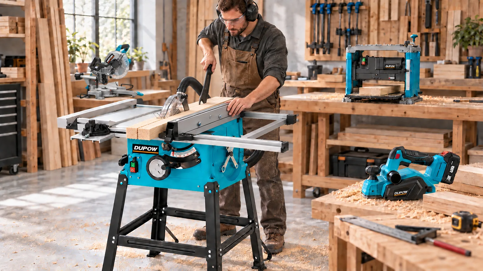 A craftsperson safely making a fence-guided rip cut with a realistic freshly sawn kerf on a DUPOW table saw, with a DUPOW mitre saw, thickness planer and cordless planer nearby