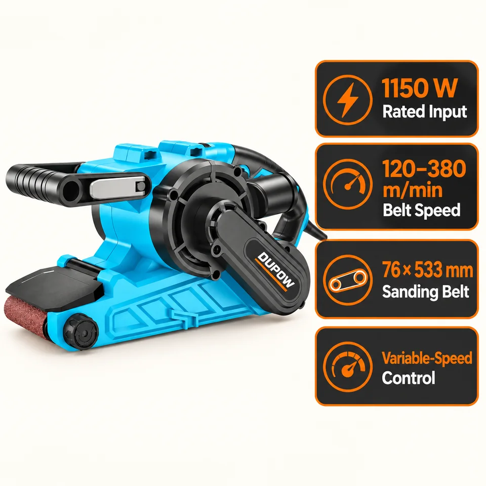 1150W Variable-Speed 76 × 533 mm Belt Sander — Performance and specification reference