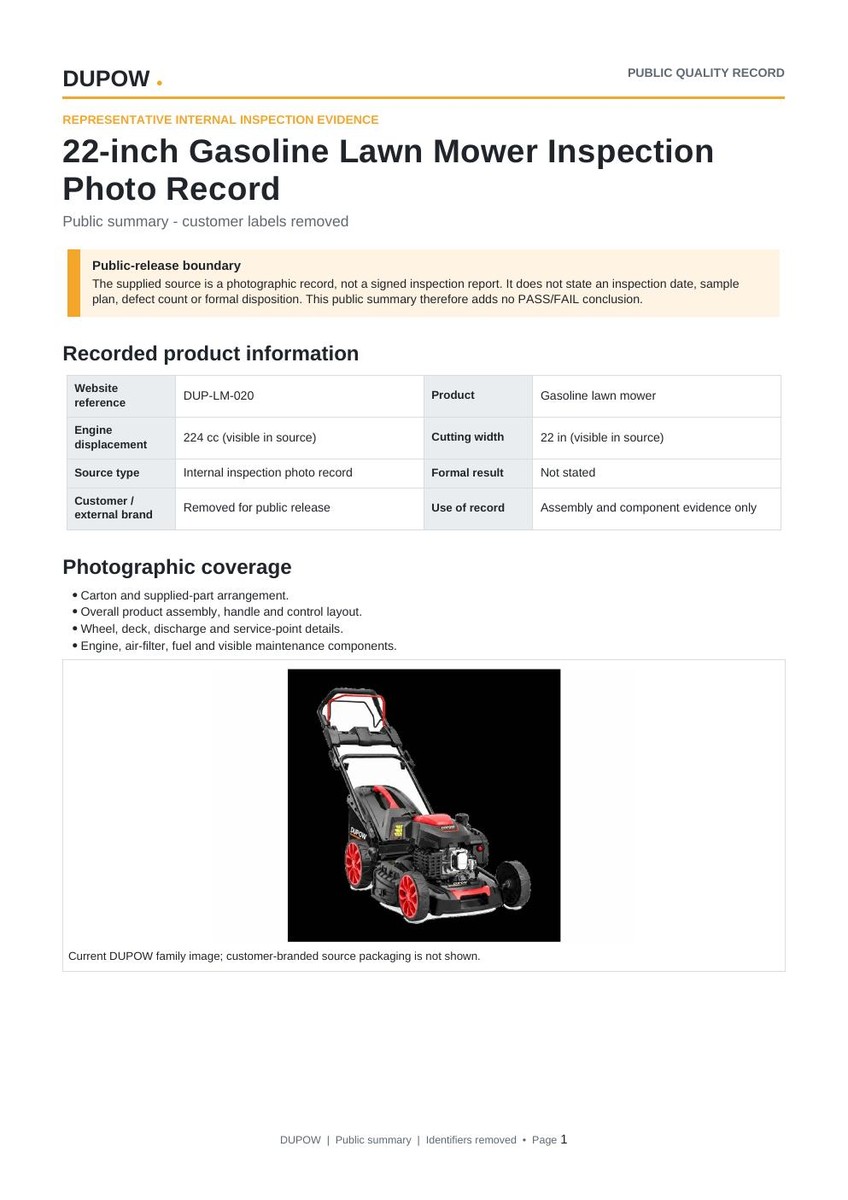 First page preview of the public 22-inch Gasoline Lawn Mower Inspection Photo Record