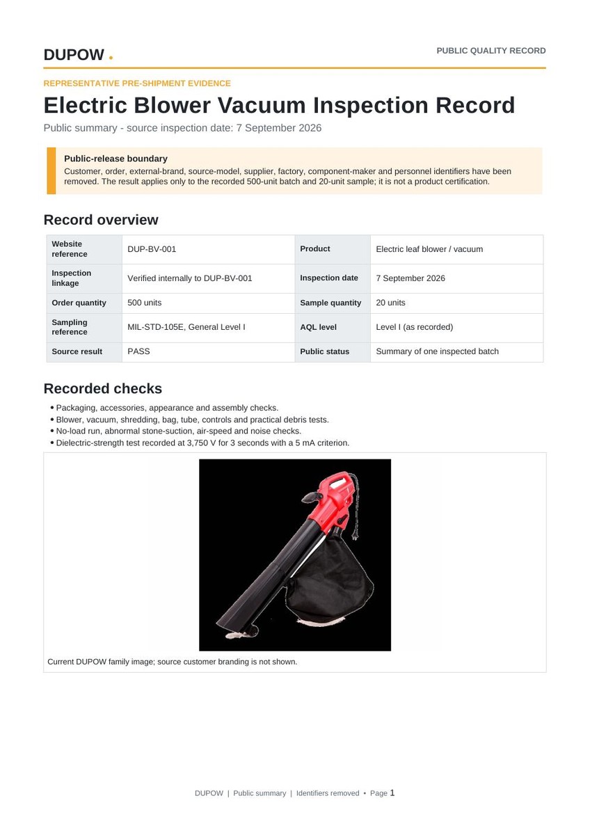 First page preview of the public Electric Blower Vacuum Inspection Record