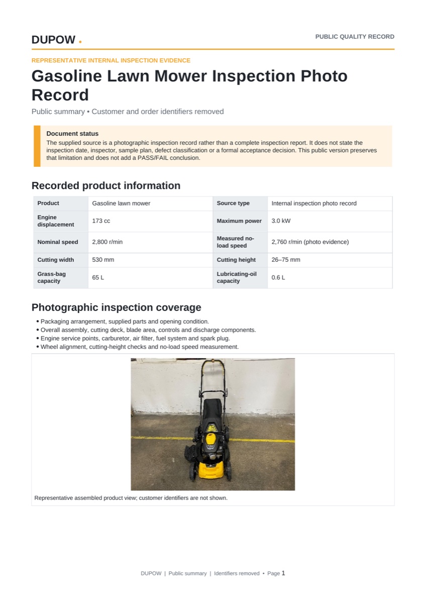 First page preview of the public Gasoline Lawn Mower Inspection Photo Record