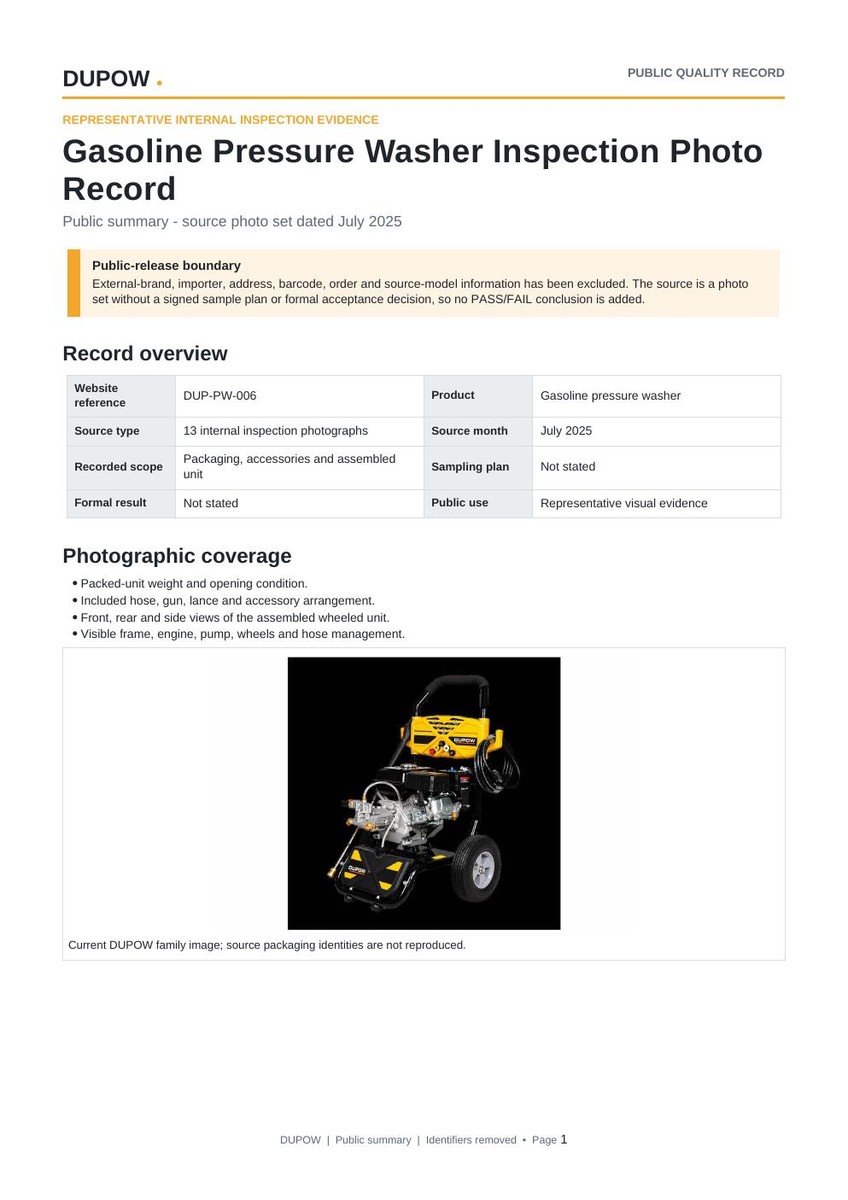 First page preview of the public Gasoline Pressure Washer Inspection Photo Record