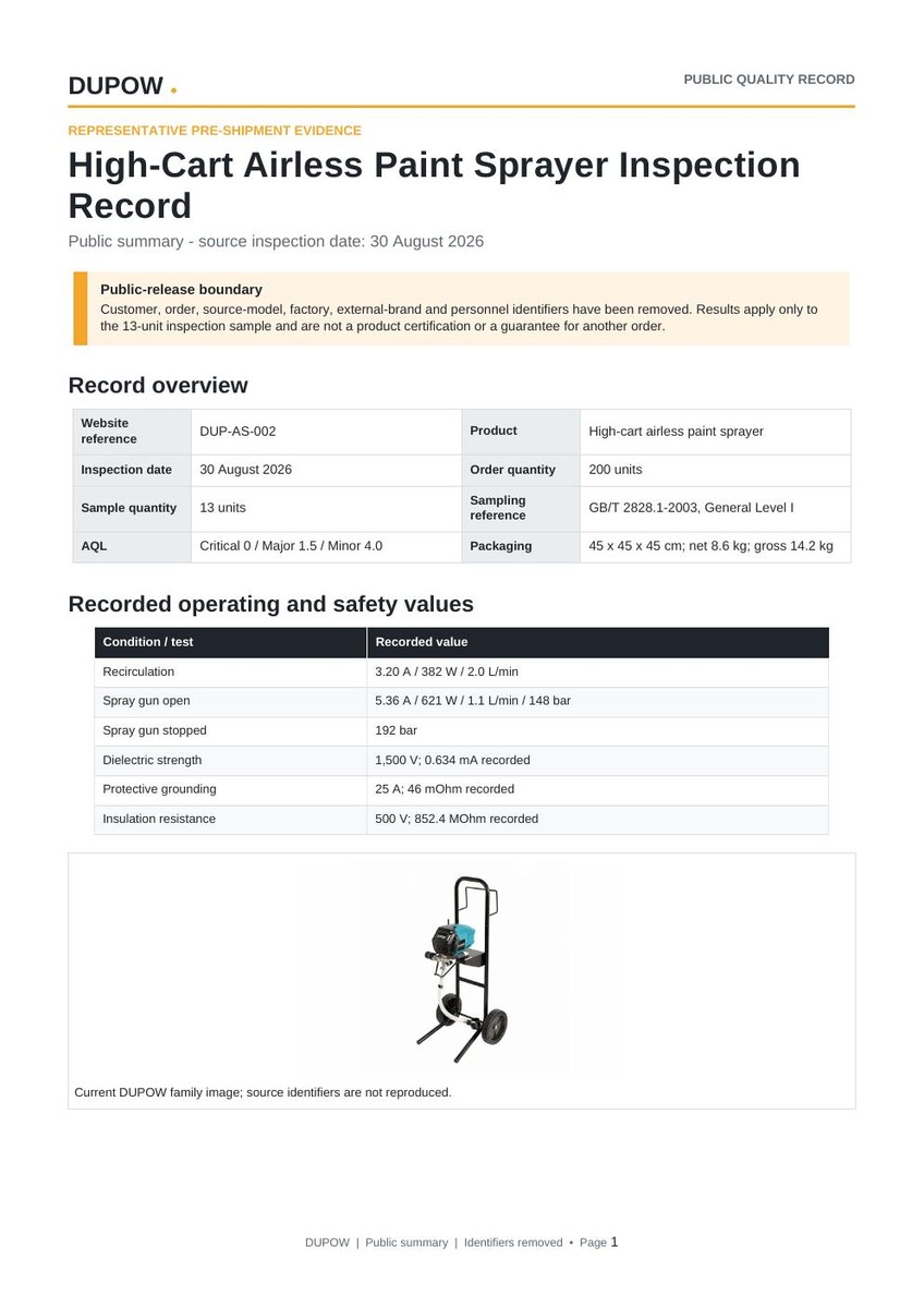 First page preview of the public High-Cart Airless Paint Sprayer Inspection Record