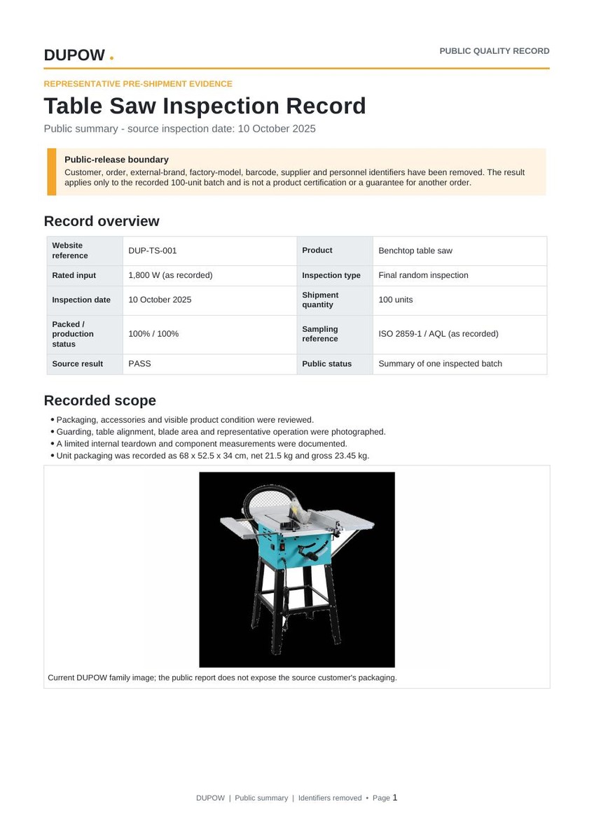 First page preview of the public Table Saw Inspection Record